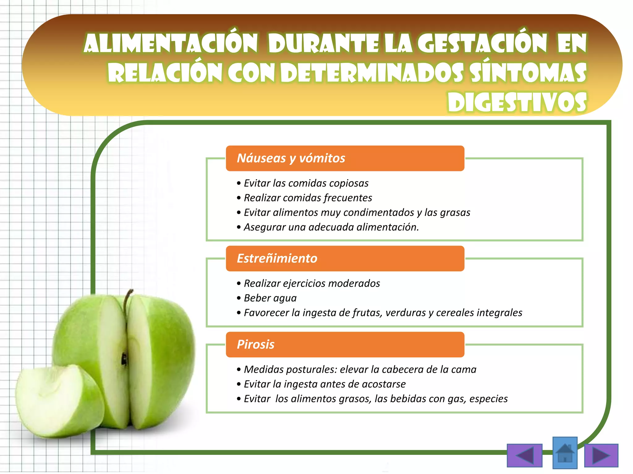 Alimentación DURANTE LA GESTACIÓN en
relación con determinados síntomas
digestivos
• Evitar las comidas copiosas
• Realizar comidas frecuentes
• Evitar alimentos muy condimentados y las grasas
• Asegurar una adecuada alimentación.
Náuseas y vómitos
• Realizar ejercicios moderados
• Beber agua
• Favorecer la ingesta de frutas, verduras y cereales integrales
Estreñimiento
• Medidas posturales: elevar la cabecera de la cama
• Evitar la ingesta antes de acostarse
• Evitar los alimentos grasos, las bebidas con gas, especies
Pirosis
 