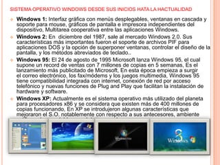 SISTEMA OPERATIVO WINDOWS DESDE SUS INICIOS HATA LA HACTUALIDAD










Windows 1: Interfaz gráfica con menús desplegables, ventanas en cascada y
soporte para mouse, gráficos de pantalla e impresora independientes del
dispositivo, Multitarea cooperativa entre las aplicaciones Windows.
Windows 2: En diciembre del 1987, sale al mercado Windows 2.0. Sus
características más importantes fueron el soporte de archivos PIF para
aplicaciones DOS y la opción de superponer ventanas, controlar el diseño de la
pantalla, y los métodos abreviados de teclado..
Windows 95: El 24 de agosto de 1995 Microsoft lanza Windows 95, el cual
supone un record de ventas con 7 millones de copias en 5 semanas, Es el
lanzamiento más publicitado de Microsoft, En esta época empieza a surgir
el correo electrónico, los fax/módems y los juegos multimedia, Windows 95
tiene compatibilidad integrada con internet, conexión de red por acceso
telefónico y nuevas funciones de Plug and Play que facilitan la instalación de
hardware y software.
Windows XP: Actualmente es el sistema operativo más utilizado del planeta
para procesadores x86 y se considera que existen más de 400 millones de
copias funcionando, En XP se introdujeron algunas características que
mejoraron el S.O. notablemente con respecto a sus antecesores, ambiente
gráfico más agradable que el de sus predecesores.
Y así podemos ver como va avanzando Windows como : el Windows vista ,
Windows 7, Windows 8 etc.

 