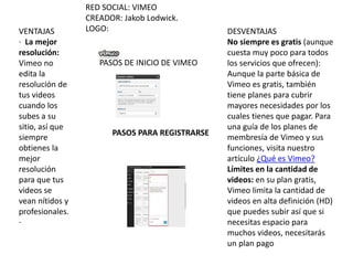 RED SOCIAL: VIMEO
CREADOR: Jakob Lodwick.
LOGO:
PASOS DE INICIO DE VIMEO
VENTAJAS
· La mejor
resolución:
Vimeo no
edita la
resolución de
tus videos
cuando los
subes a su
sitio, así que
siempre
obtienes la
mejor
resolución
para que tus
videos se
vean nítidos y
profesionales.
·
DESVENTAJAS
No siempre es gratis (aunque
cuesta muy poco para todos
los servicios que ofrecen):
Aunque la parte básica de
Vimeo es gratis, también
tiene planes para cubrir
mayores necesidades por los
cuales tienes que pagar. Para
una guía de los planes de
membresía de Vimeo y sus
funciones, visita nuestro
artículo ¿Qué es Vimeo?
Límites en la cantidad de
videos: en su plan gratis,
Vimeo limita la cantidad de
videos en alta definición (HD)
que puedes subir así que si
necesitas espacio para
muchos videos, necesitarás
un plan pago
PASOS PARA REGISTRARSE
 