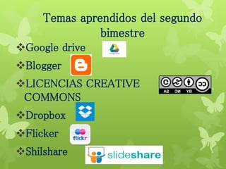 Temas aprendidos del segundo
bimestre
Google drive
Blogger
LICENCIAS CREATIVE
COMMONS
Dropbox
Flicker
Shilshare
 
