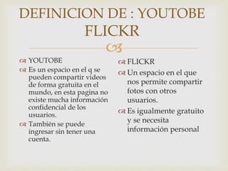 
DEFINICION DE : YOUTOBE
FLICKR
YOUTOBE
Es un espacio en el q se
pueden compartir videos
de forma gratuita en el
mundo, en esta pagina no
existe mucha información
confidencial de los
usuarios.
También se puede
ingresar sin tener una
cuenta.
FLICKR
Un espacio en el que
nos permite compartir
fotos con otros
usuarios.
Es igualmente gratuito
y se necesita
información personal