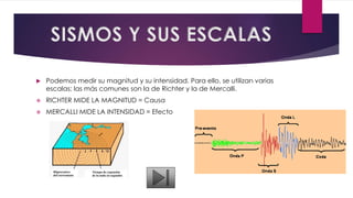  Podemos medir su magnitud y su intensidad. Para ello, se utilizan varias
escalas; las más comunes son la de Richter y la de Mercalli.
 RICHTER MIDE LA MAGNITUD = Causa
 MERCALLI MIDE LA INTENSIDAD = Efecto
SISMOS Y SUS ESCALAS
 