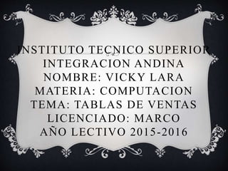 INSTITUTO TECNICO SUPERIOR
INTEGRACION ANDINA
NOMBRE: VICKY LARA
MATERIA: COMPUTACION
TEMA: TABLAS DE VENTAS
LICENCIADO: MARCO
AÑO LECTIVO 2015-2016
 