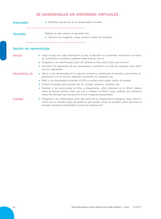 Desarrollo personal, social y relación con el medio ambiente / 3 años56
•• 	Preguntar a los alumnos(as): ¿Con qué parte de la computadora trabajaron hoy? ¿Qué hi-
cieron con el teclado? ¿Qué encendieron para poder utilizar el teclado? ¿Para qué sirve el
teclado? ¿Tuvieron dificultades? ¿Cómo las resolvieron?
•• 	Ubicar a los alumnos(as) en la sala de cómputo y enseñarles el teclado y permitirles ex-
perimentar con él: tocarlo, descubrir las letras, los números, etc.
•• 	Pedir a los alumnos(as) encender el CPU y monitor para poder utilizar el teclado.
•• 	Utilizar el teclado para escribir con él: vocales, números, nombres, etc.
•• 	Facilitar a los alumnos(as) la ficha y preguntarles: ¿Qué observan en la ficha? ¿Saben
cómo se llama? ¿Cómo creen que van a trabajar la ficha? Luego, pedirles que encierren
todos los teclados que encuentren en las imágenes presentadas.
Sesión de aprendizaje
•• 	Llega al aula una caja sorpresa en la que, al descubrir su contenido, encuentran un tecla-
do. Facilitarles el teclado y pedirles experimentar con él.
•• 	Preguntar a los alumnos(as): ¿Qué es? ¿Dónde la han visto? ¿Para qué servirá?
•• 	Escuchar las respuestas de los alumnos(as) e invitarlos a la sala de cómputo para verifi-
car las respuestas.
•• 	Identifica las partes de la computadora: teclado.Indicador
Rafaela te pide realizar el siguiente reto:
•• 	Observa las imágenes. Luego, encierra todos los teclados.
Teclado
CIERRE
DESARROLLO
INICIO
SE DESENVUELVE EN ENTORNOS VIRTUALES
 