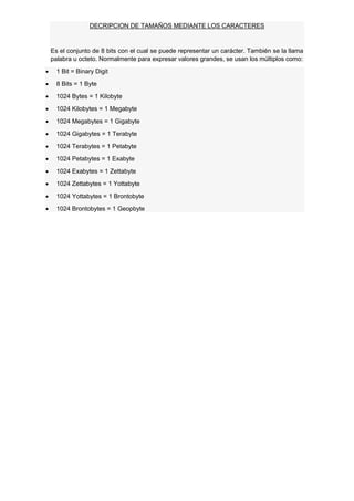 DECRIPCION DE TAMAÑOS MEDIANTE LOS CARACTERES

Es el conjunto de 8 bits con el cual se puede representar un carácter. También se la llama
palabra u octeto. Normalmente para expresar valores grandes, se usan los múltiplos como:
1 Bit = Binary Digit
8 Bits = 1 Byte
1024 Bytes = 1 Kilobyte
1024 Kilobytes = 1 Megabyte
1024 Megabytes = 1 Gigabyte
1024 Gigabytes = 1 Terabyte
1024 Terabytes = 1 Petabyte
1024 Petabytes = 1 Exabyte
1024 Exabytes = 1 Zettabyte
1024 Zettabytes = 1 Yottabyte
1024 Yottabytes = 1 Brontobyte
1024 Brontobytes = 1 Geopbyte

 