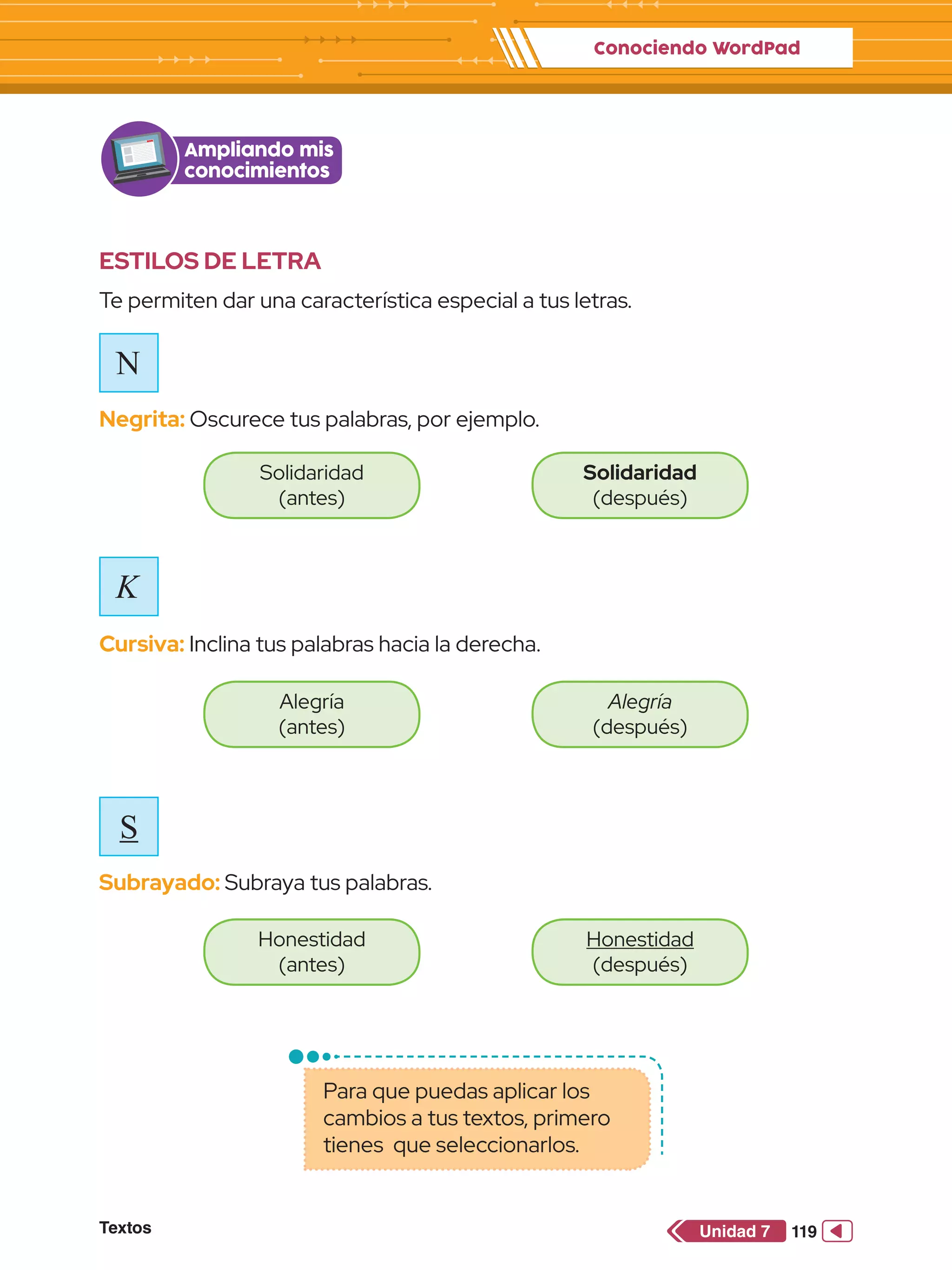 Conociendo WordPad
Textos 119
Unidad 7
ESTILOS DE LETRA
Te permiten dar una característica especial a tus letras.
Ampliando mis
conocimientos
N
K
S
Negrita: Oscurece tus palabras, por ejemplo.
Cursiva: Inclina tus palabras hacia la derecha.
Subrayado: Subraya tus palabras.
Solidaridad
(antes)
Alegría
(antes)
Honestidad
(antes)
Solidaridad
(después)
Alegría
(después)
Honestidad
(después)
Para que puedas aplicar los
cambios a tus textos, primero
tienes que seleccionarlos.
 