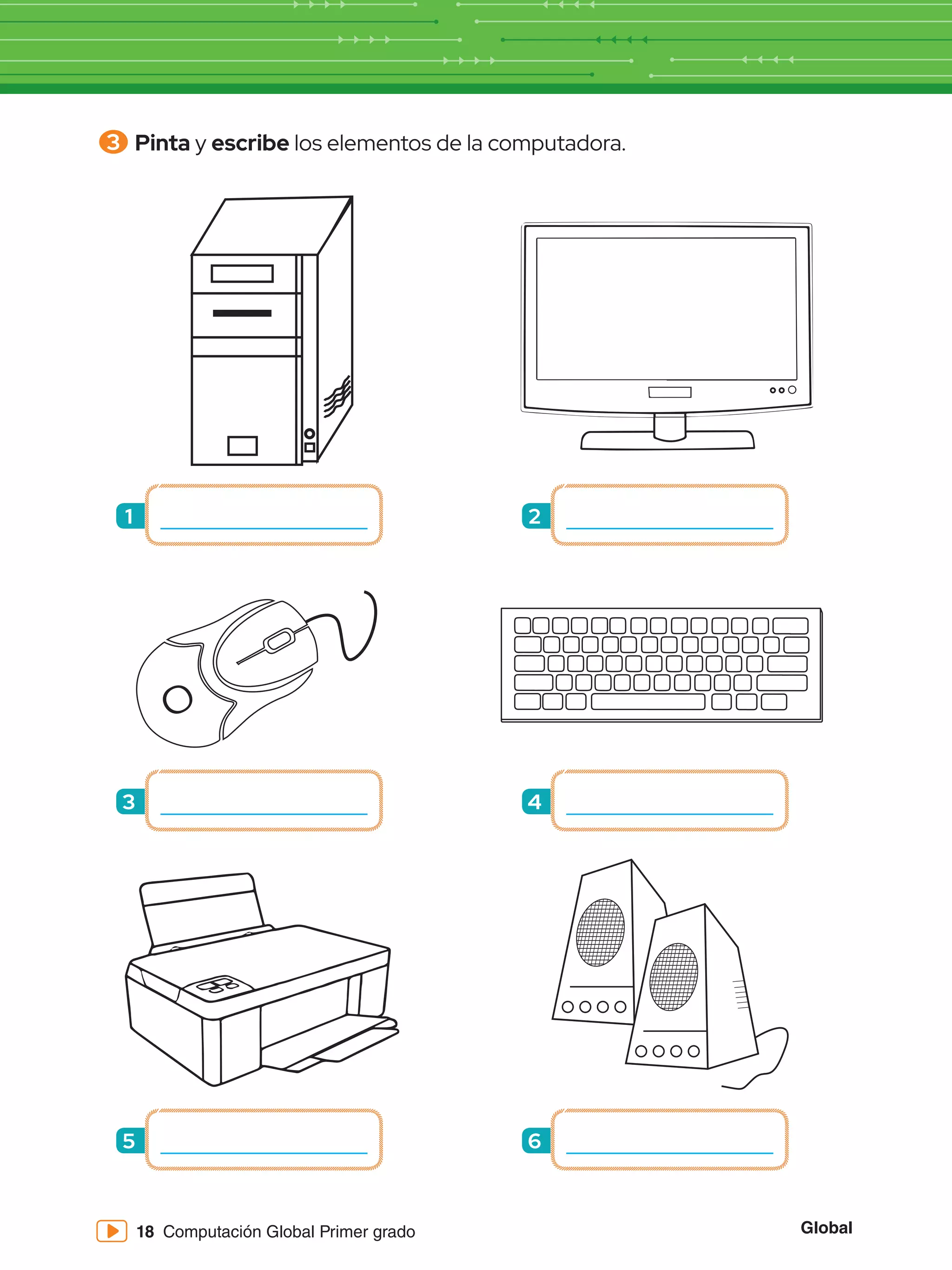 Global
18 Computación Global Primer grado
3 	Pinta y escribe los elementos de la computadora.
1
3
5
2
4
6
 