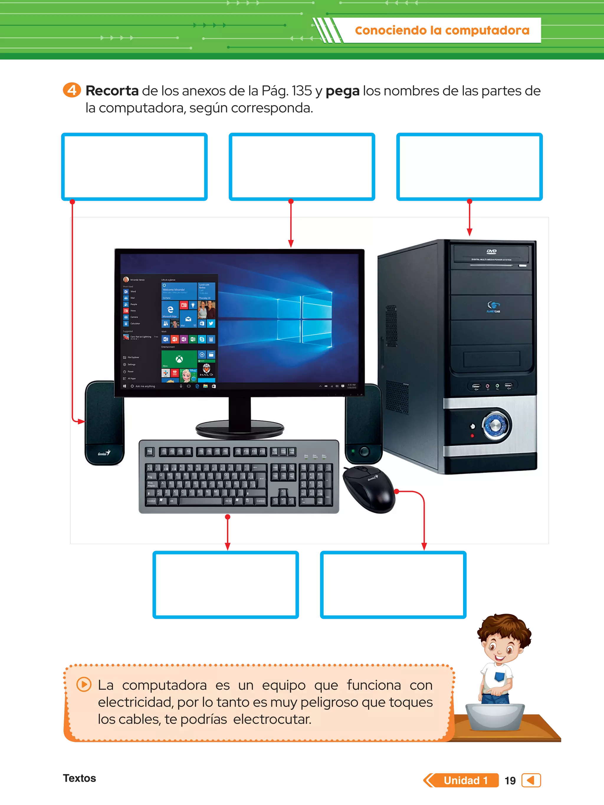 Unidad 1
Textos
Conociendo la computadora
19
4 	Recorta de los anexos de la Pág. 135 y pega los nombres de las partes de
la computadora, según corresponda.
La computadora es un equipo que funciona con
electricidad, por lo tanto es muy peligroso que toques
los cables, te podrías electrocutar.
 