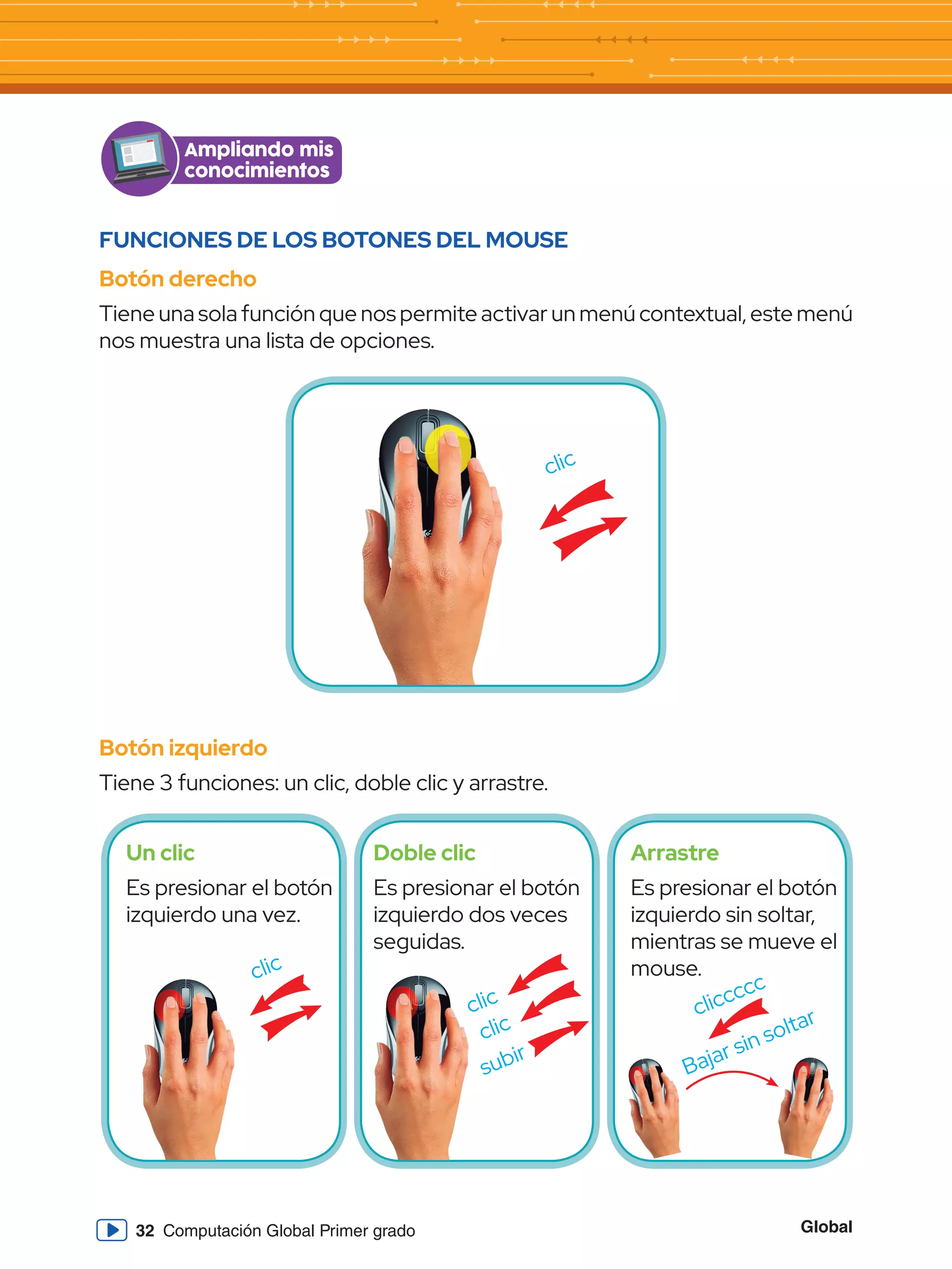 Global
32 Computación Global Primer grado
FUNCIONES DE LOS BOTONES DEL MOUSE
Botón derecho
Tiene una sola función que nos permite activar un menú contextual, este menú
nos muestra una lista de opciones.
Ampliando mis
conocimientos
Botón izquierdo
Tiene 3 funciones: un clic, doble clic y arrastre.
Un clic
Es presionar el botón
izquierdo una vez.
Doble clic
Es presionar el botón
izquierdo dos veces
seguidas.
Arrastre
Es presionar el botón
izquierdo sin soltar,
mientras se mueve el
mouse.
clic
clic
clic cliccccc
Bajar sin soltar
clic
subir
 