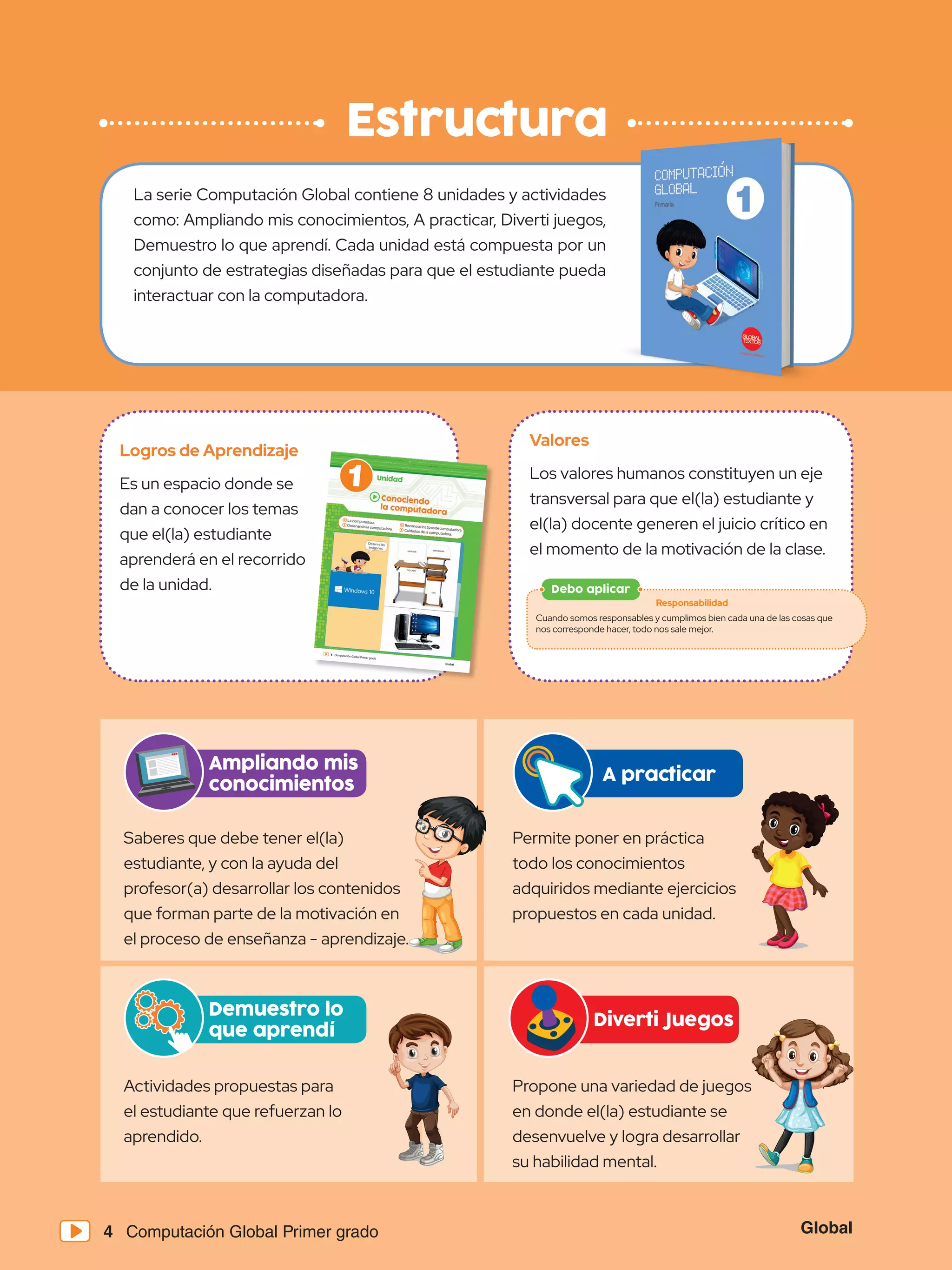 La serie Computación Global contiene 8 unidades y actividades
como: Ampliando mis conocimientos, A practicar, Diverti juegos,
Demuestro lo que aprendí. Cada unidad está compuesta por un
conjunto de estrategias diseñadas para que el estudiante pueda
interactuar con la computadora.
Logros de Aprendizaje
Es un espacio donde se
dan a conocer los temas
que el(la) estudiante
aprenderá en el recorrido
de la unidad.
Valores
Los valores humanos constituyen un eje
transversal para que el(la) estudiante y
el(la) docente generen el juicio crítico en
el momento de la motivación de la clase.
Diverti Juegos
Propone una variedad de juegos
en donde el(la) estudiante se
desenvuelve y logra desarrollar
su habilidad mental.
Global
4 Computación Global Primer grado
Estructura
A practicar
Demuestro lo
que aprendí
Saberes que debe tener el(la)
estudiante, y con la ayuda del
profesor(a) desarrollar los contenidos
que forman parte de la motivación en
el proceso de enseñanza - aprendizaje.
Actividades propuestas para
el estudiante que refuerzan lo
aprendido.
Permite poner en práctica
todo los conocimientos
adquiridos mediante ejercicios
propuestos en cada unidad.
Debo aplicar
Responsabilidad
Cuando somos responsables y cumplimos bien cada una de las cosas que
nos corresponde hacer, todo nos sale mejor.
Ampliando mis
conocimientos
 