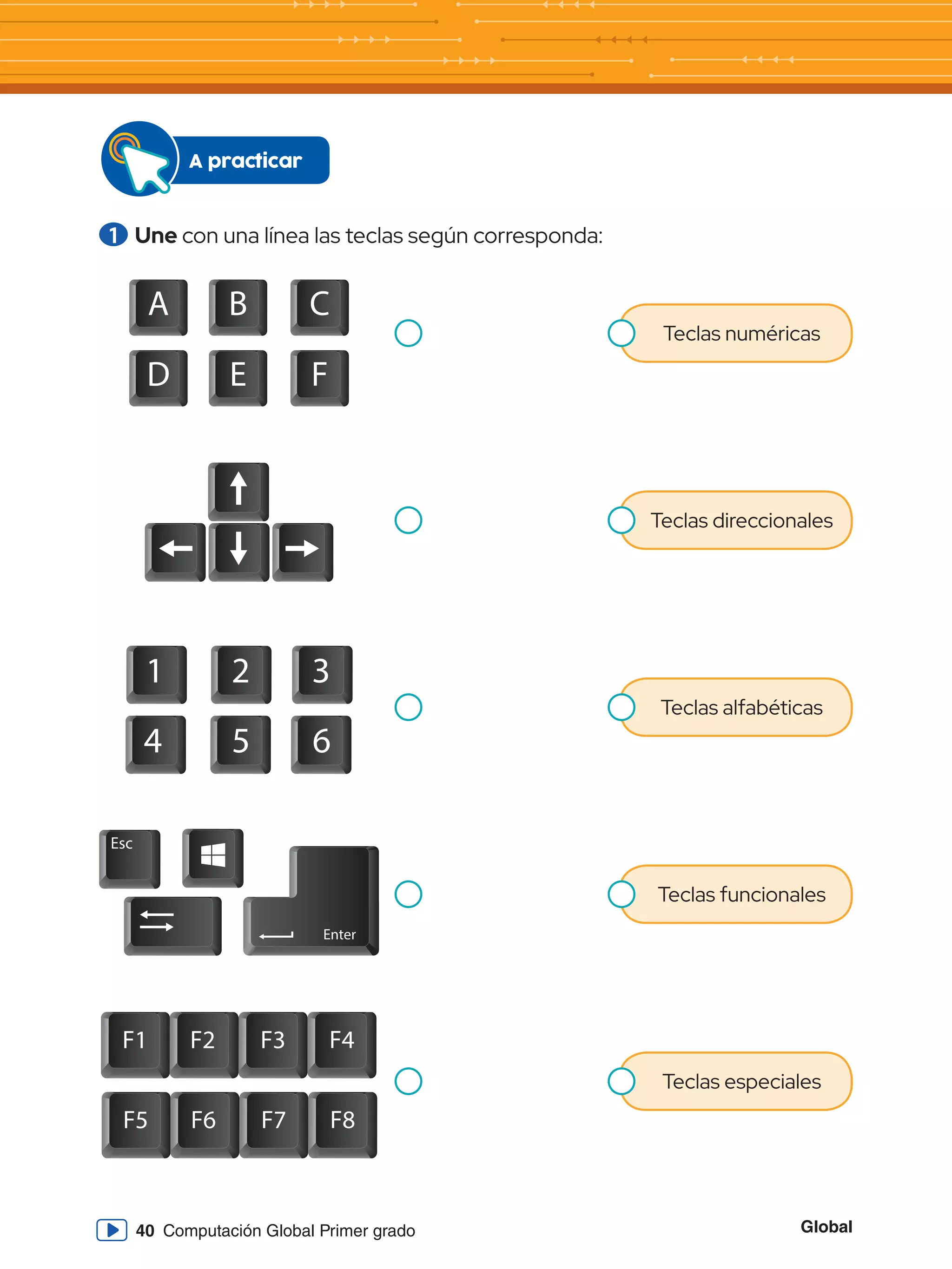 Global
40 Computación Global Primer grado
1 	Une con una línea las teclas según corresponda:
A practicar
A B C
D E F
1 2 3
4 5 6
Esc
Enter
F1 F2 F3 F4
F5 F6 F7 F8
Teclas numéricas
Teclas direccionales
Teclas alfabéticas
Teclas funcionales
Teclas especiales
 