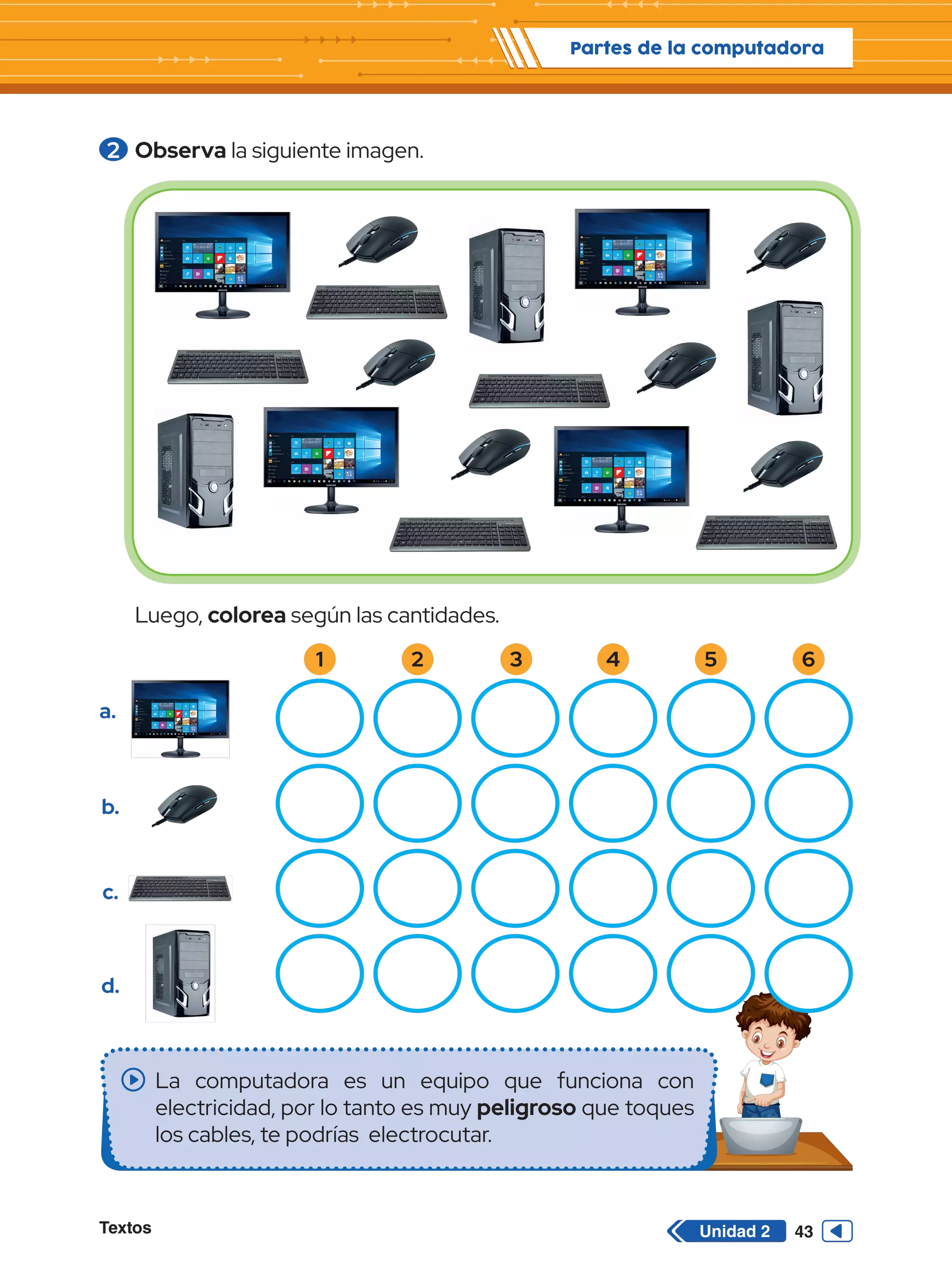 Textos 43
Partes de la computadora
Unidad 2
2 	Observa la siguiente imagen.
Luego, colorea según las cantidades.
La computadora es un equipo que funciona con
electricidad, por lo tanto es muy peligroso que toques
los cables, te podrías electrocutar.
1
a.
b.
c.
d.
2 3 4 5 6
 