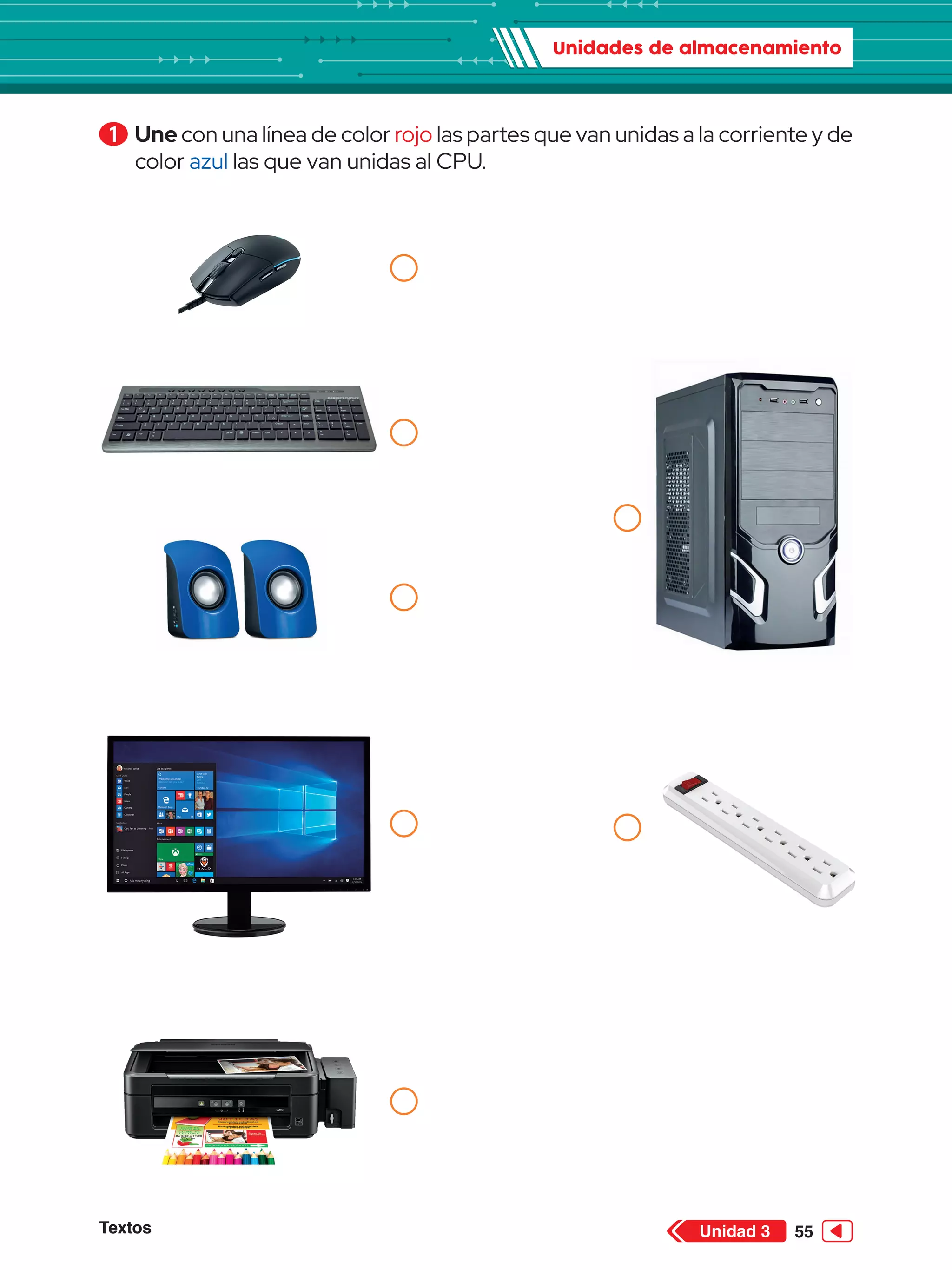 Unidades de almacenamiento
Textos 55
Unidad 3
1 	Une con una línea de color rojo las partes que van unidas a la corriente y de
color azul las que van unidas al CPU.
 