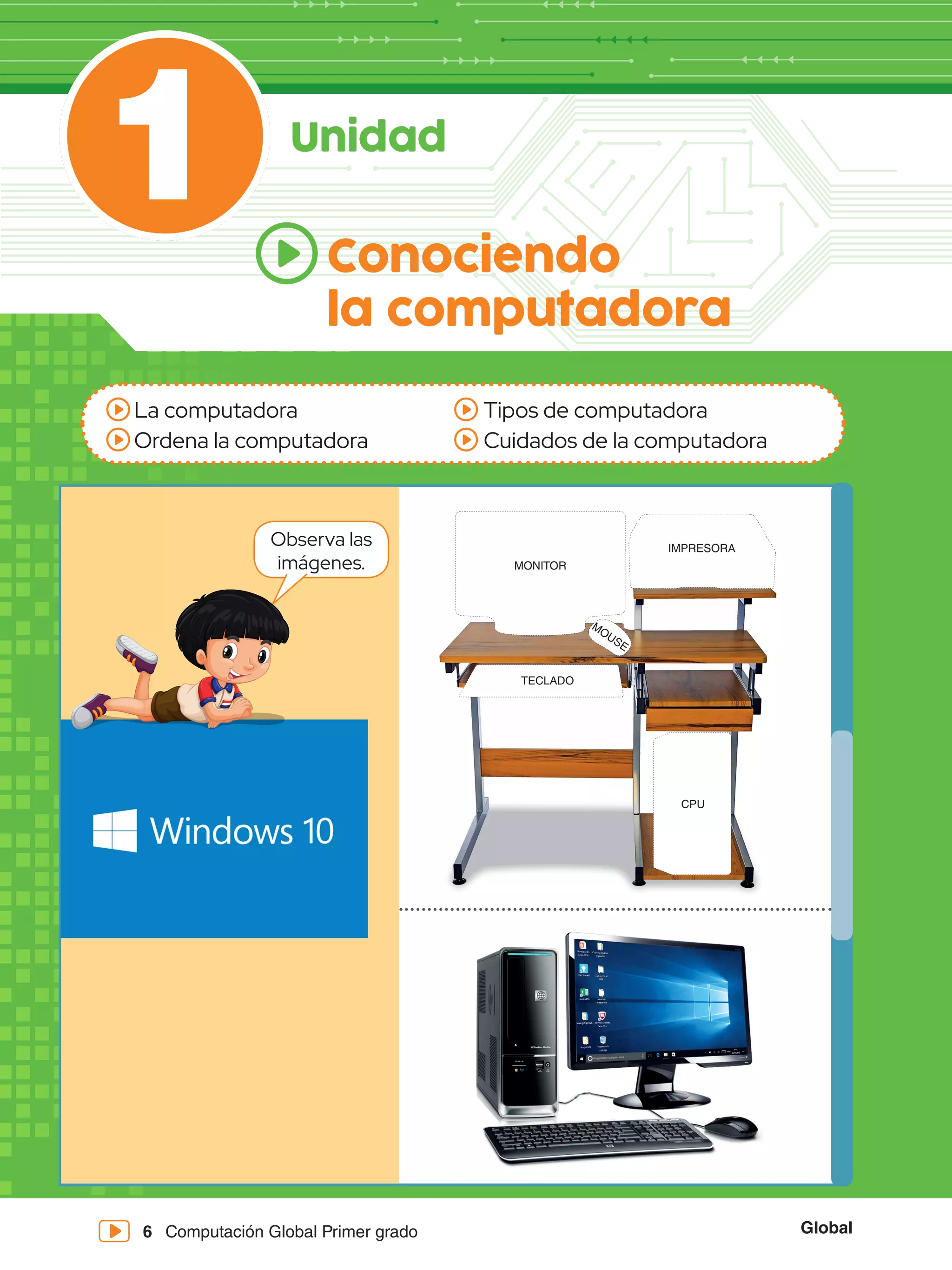 Computación Global Primer grado Global
6
Conociendo
la computadora
1 Unidad
La computadora
Ordena la computadora
Tipos de computadora
Cuidados de la computadora
Observa las
imágenes. MONITOR
IMPRESORA
TECLADO
MOUSE
CPU
 