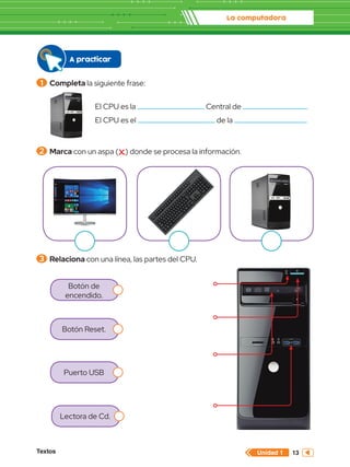 La computadora
Textos 13
Unidad 1
Botón de
encendido.
Botón Reset.
Puerto USB
Lectora de Cd.
1 	Completa la siguiente frase:
El CPU es la Central de
El CPU es el de la
A practicar
2 	Marca con un aspa ( ) donde se procesa la información.
3 	Relaciona con una línea, las partes del CPU.
 