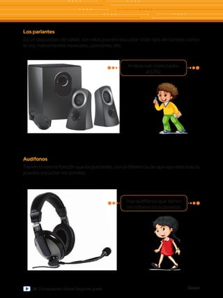 Global
30 Computación Global Segundo grado
Los parlantes
Es un dispositivo de salida, con ellos puedes escuchar todo tipo de sonidos como:
la voz, instrumentos musicales, canciones, etc.
Audífonos
Tienen la misma función que los parlantes, con la diferencia de que con ellos solo tú
puedes escuchar los sonidos.
Ambos van conectados
al CPU.
Hay audífonos que tienen
micrófonos incorporados.
 