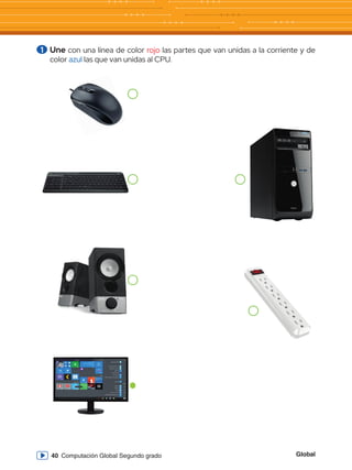 Global
40 Computación Global Segundo grado
1 	Une con una línea de color rojo las partes que van unidas a la corriente y de
color azul las que van unidas al CPU.
 