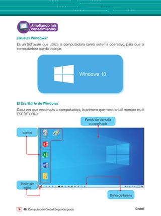 Global
48 Computación Global Segundo grado
Ampliando mis
conocimientos
¿Qué es Windows?
Es un Software que utiliza la computadora como sistema operativo, para que la
computadora pueda trabajar.
El Escritorio de Windows
Cada vez que enciendas la computadora, lo primero que mostrará el monitor es el
ESCRITORIO.
Papelera de
reciclaje
Word 2013
PowerPoint 2013
Excel 2013
Archivos
Paint
Fondo de pantalla
o papel tapiz
Barra de tareas
Íconos
Botón de
inicio
 