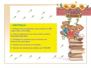 CONTINUA: 1.- Estatura de los pacientes ,para analizar su IMC: 1.66m,158m,174m,169m 2.- Peso en gramos de los niños recién nacidos:  3200,2600,3400,2800 3.- El tiempo en minutos que se demora una intervención quirúrgica 4.- Número de camas de un hospital. 5.- Número de asistencias medicas por PADOMI 