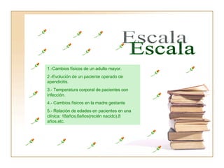 Escala 1.-Cambios físicos de un adulto mayor. 2.-Evolución de un paciente operado de apendicitis. 3.- Temperatura corporal de pacientes con infección. 4.- Cambios físicos en la madre gestante 5.- Relación de edades en pacientes en una clínica: 18años,0años(recién nacido),8 años,etc. 