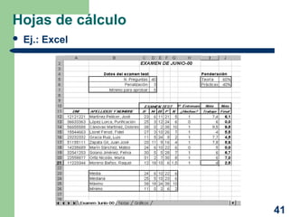 41
Hojas de cálculo
 Ej.: Excel
 
