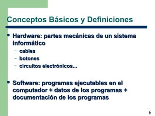 6 
Conceptos Básicos y Definiciones 
 HHaarrddwwaarree:: ppaarrtteess mmeeccáánniiccaass ddee uunn ssiisstteemmaa 
iinnffoorrmmááttiiccoo 
– ccaabblleess 
– bboottoonneess 
– cciirrccuuiittooss eelleeccttrróónniiccooss...... 
 SSooffttwwaarree:: pprrooggrraammaass eejjeeccuuttaabblleess eenn eell 
ccoommppuuttaaddoorr ++ ddaattooss ddee llooss pprrooggrraammaass ++ 
ddooccuummeennttaacciióónn ddee llooss pprrooggrraammaass 
 