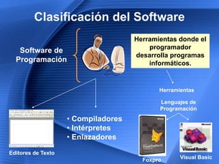 SoftwareEs la parte intangible del computador, que no podemos palpar, dada por cargas magnéticas o eléctricas que, dispuestas convenientemente, permiten manejar el hardwareAplicaciones de UsuarioSistemas OperativosFirmwareOffice, Editores Gráficos, NavegadoresAntivirus