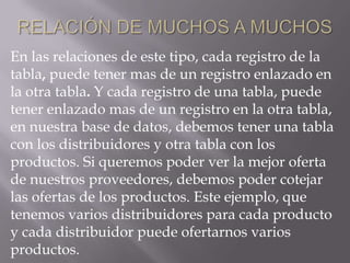 Relación de muchos a muchosEn las relaciones de este tipo, cada registro de la tabla, puede tener mas de un registro enlazado en la otra tabla. Y cada registro de una tabla, puede tener enlazado mas de un registro en la otra tabla, en nuestra base de datos, debemos tener una tabla con los distribuidores y otra tabla con los productos. Si queremos poder ver la mejor oferta de nuestros proveedores, debemos poder cotejar las ofertas de los productos. Este ejemplo, que tenemos varios distribuidores para cada producto y cada distribuidor puede ofertarnos varios productos.