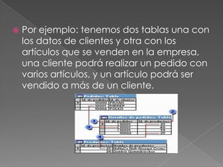 Por ejemplo: tenemos dos tablas una con los datos de clientes y otra con los artículos que se venden en la empresa, una cliente podrá realizar un pedido con varios artículos, y un artículo podrá ser vendido a más de un cliente.