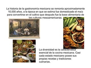 La historia de la gastronomía mexicana se remonta aproximadamente
  10,000 años, a la época en que se estima fue domesticado el maíz
 para convertirse en el cultivo que después fue la base alimentaria de
                     las culturas mesoamericanas.




                             La diversidad es la característica
                             esencial de la cocina mexicana. Casi
                             cada estado mexicano posee sus
                             propias recetas y tradiciones
                             culinarias.
 