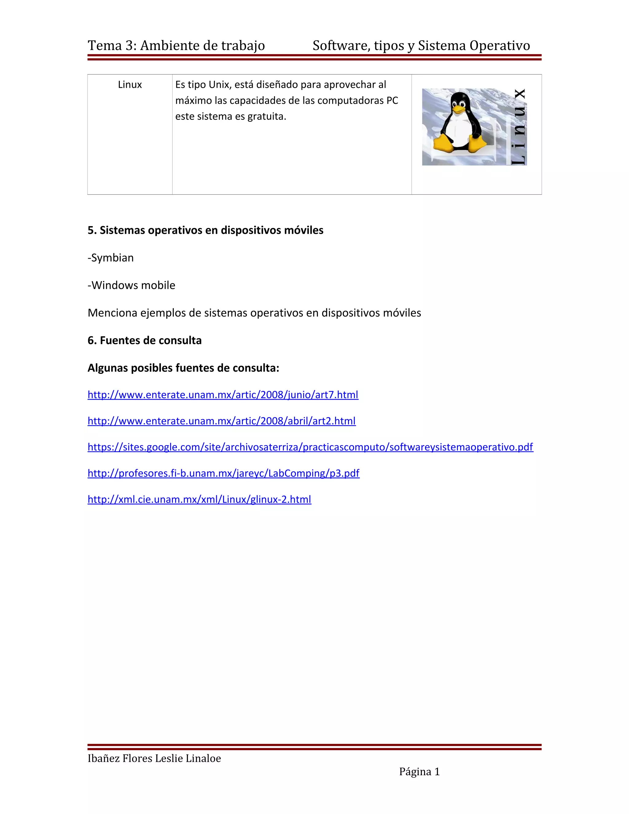 Tema 3: Ambiente de trabajo                      Software, tipos y Sistema Operativo

      Linux       Es tipo Unix, está diseñado para aprovechar al
                  máximo las capacidades de las computadoras PC
                  este sistema es gratuita.




5. Sistemas operativos en dispositivos móviles

-Symbian

-Windows mobile

Menciona ejemplos de sistemas operativos en dispositivos móviles

6. Fuentes de consulta

Algunas posibles fuentes de consulta:

http://www.enterate.unam.mx/artic/2008/junio/art7.html

http://www.enterate.unam.mx/artic/2008/abril/art2.html

https://sites.google.com/site/archivosaterriza/practicascomputo/softwareysistemaoperativo.pdf

http://profesores.fi-b.unam.mx/jareyc/LabComping/p3.pdf

http://xml.cie.unam.mx/xml/Linux/glinux-2.html




Ibañez Flores Leslie Linaloe
                                                                   Página 1
 