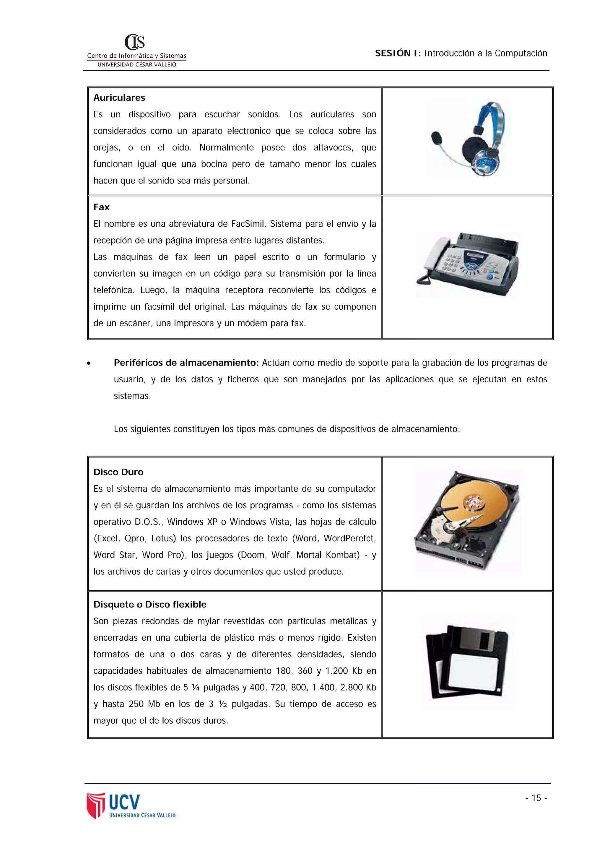 SESIÓN I: Introducción a la Computación



    Auriculares
    Es un dispositivo para escuchar sonidos. Los auriculares son
    considerados como un aparato electrónico que se coloca sobre las
    orejas, o en el oído. Normalmente posee dos altavoces, que
    funcionan igual que una bocina pero de tamaño menor los cuales
    hacen que el sonido sea más personal.

    Fax
    El nombre es una abreviatura de FacSímil. Sistema para el envío y la
    recepción de una página impresa entre lugares distantes.
    Las máquinas de fax leen un papel escrito o un formulario y
    convierten su imagen en un código para su transmisión por la línea
    telefónica. Luego, la máquina receptora reconvierte los códigos e
    imprime un facsímil del original. Las máquinas de fax se componen
    de un escáner, una impresora y un módem para fax.



•         Periféricos de almacenamiento: Actúan como medio de soporte para la grabación de los programas de
          usuario, y de los datos y ficheros que son manejados por las aplicaciones que se ejecutan en estos
          sistemas.


          Los siguientes constituyen los tipos más comunes de dispositivos de almacenamiento:



    Disco Duro
    Es el sistema de almacenamiento más importante de su computador
    y en él se guardan los archivos de los programas - como los sistemas
    operativo D.O.S., Windows XP o Windows Vista, las hojas de cálculo
    (Excel, Qpro, Lotus) los procesadores de texto (Word, WordPerefct,
    Word Star, Word Pro), los juegos (Doom, Wolf, Mortal Kombat) - y
    los archivos de cartas y otros documentos que usted produce.


    Disquete o Disco flexible
    Son piezas redondas de mylar revestidas con partículas metálicas y
    encerradas en una cubierta de plástico más o menos rígido. Existen
    formatos de una o dos caras y de diferentes densidades, siendo
    capacidades habituales de almacenamiento 180, 360 y 1.200 Kb en
    los discos flexibles de 5 ¼ pulgadas y 400, 720, 800, 1.400, 2.800 Kb
    y hasta 250 Mb en los de 3 ½ pulgadas. Su tiempo de acceso es
    mayor que el de los discos duros.




                                                                                                         - 15 -
 