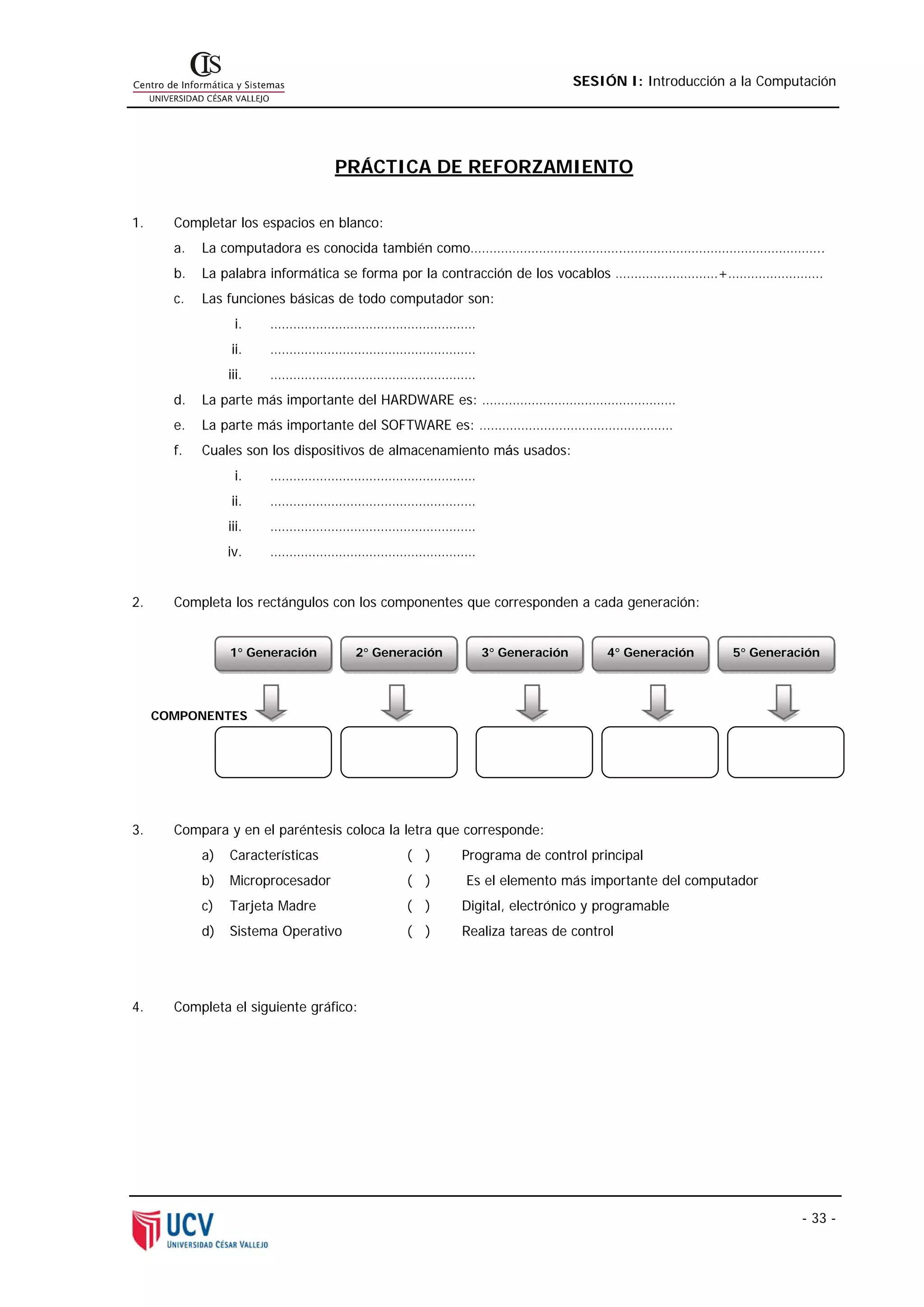 SESIÓN I: Introducción a la Computación




                                   PRÁCTICA DE REFORZAMIENTO

1.     Completar los espacios en blanco:
       a.   La computadora es conocida también como………………………………….……………………………………………..
       b.   La palabra informática se forma por la contracción de los vocablos ………………………+…………………….
       c.   Las funciones básicas de todo computador son:
                  i.    ………………………………………………
                 ii.    ………………………………………………
                 iii.   ………………………………………………
       d.   La parte más importante del HARDWARE es: ……………………………………………
       e.   La parte más importante del SOFTWARE es: ……………………………………………
       f.   Cuales son los dispositivos de almacenamiento más usados:
                  i.    ………………………………………………
                 ii.    ………………………………………………
                 iii.   ………………………………………………
                 iv.    ………………………………………………


2.     Completa los rectángulos con los componentes que corresponden a cada generación:


                 1° Generación       2° Generación      3° Generación        4° Generación     5° Generación




     COMPONENTES




3.     Compara y en el paréntesis coloca la letra que corresponde:
            a)   Características            ( )      Programa de control principal
            b)   Microprocesador            ( )      Es el elemento más importante del computador
            c)   Tarjeta Madre              ( )      Digital, electrónico y programable
            d)   Sistema Operativo          ( )      Realiza tareas de control




4.     Completa el siguiente gráfico:




                                                                                                         - 33 -
 