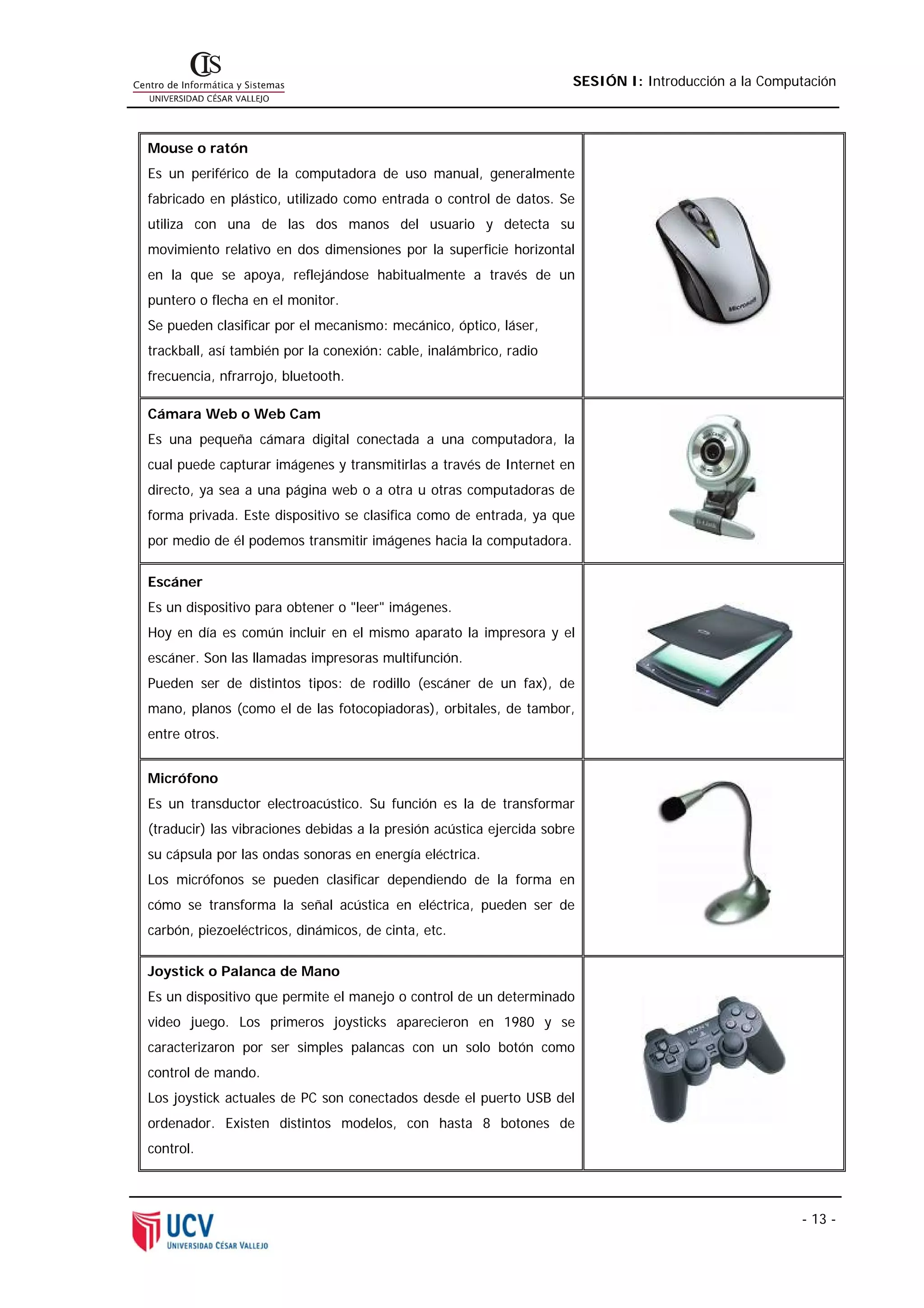 SESIÓN I: Introducción a la Computación



Mouse o ratón
Es un periférico de la computadora de uso manual, generalmente
fabricado en plástico, utilizado como entrada o control de datos. Se
utiliza con una de las dos manos del usuario y detecta su
movimiento relativo en dos dimensiones por la superficie horizontal
en la que se apoya, reflejándose habitualmente a través de un
puntero o flecha en el monitor.
Se pueden clasificar por el mecanismo: mecánico, óptico, láser,
trackball, así también por la conexión: cable, inalámbrico, radio
frecuencia, nfrarrojo, bluetooth.

Cámara Web o Web Cam
Es una pequeña cámara digital conectada a una computadora, la
cual puede capturar imágenes y transmitirlas a través de Internet en
directo, ya sea a una página web o a otra u otras computadoras de
forma privada. Este dispositivo se clasifica como de entrada, ya que
por medio de él podemos transmitir imágenes hacia la computadora.

Escáner
Es un dispositivo para obtener o "leer" imágenes.
Hoy en día es común incluir en el mismo aparato la impresora y el
escáner. Son las llamadas impresoras multifunción.
Pueden ser de distintos tipos: de rodillo (escáner de un fax), de
mano, planos (como el de las fotocopiadoras), orbitales, de tambor,
entre otros.


Micrófono
Es un transductor electroacústico. Su función es la de transformar
(traducir) las vibraciones debidas a la presión acústica ejercida sobre
su cápsula por las ondas sonoras en energía eléctrica.
Los micrófonos se pueden clasificar dependiendo de la forma en
cómo se transforma la señal acústica en eléctrica, pueden ser de
carbón, piezoeléctricos, dinámicos, de cinta, etc.

Joystick o Palanca de Mano
Es un dispositivo que permite el manejo o control de un determinado
video juego. Los primeros joysticks aparecieron en 1980 y se
caracterizaron por ser simples palancas con un solo botón como
control de mando.
Los joystick actuales de PC son conectados desde el puerto USB del
ordenador. Existen distintos modelos, con hasta 8 botones de
control.




                                                                                                       - 13 -
 
