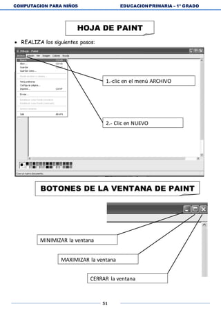 COMPUTACION PARA NIÑOS EDUCACION PRIMARIA – 1º GRADO
51
 REALIZA los siguientes pasos:
HOJA DE PAINT
1.-clic en el menú ARCHIVO
2.- Clic en NUEVO
BOTONES DE LA VENTANA DE PAINT
MINIMIZAR la ventana
MAXIMIZAR la ventana
CERRAR la ventana
 