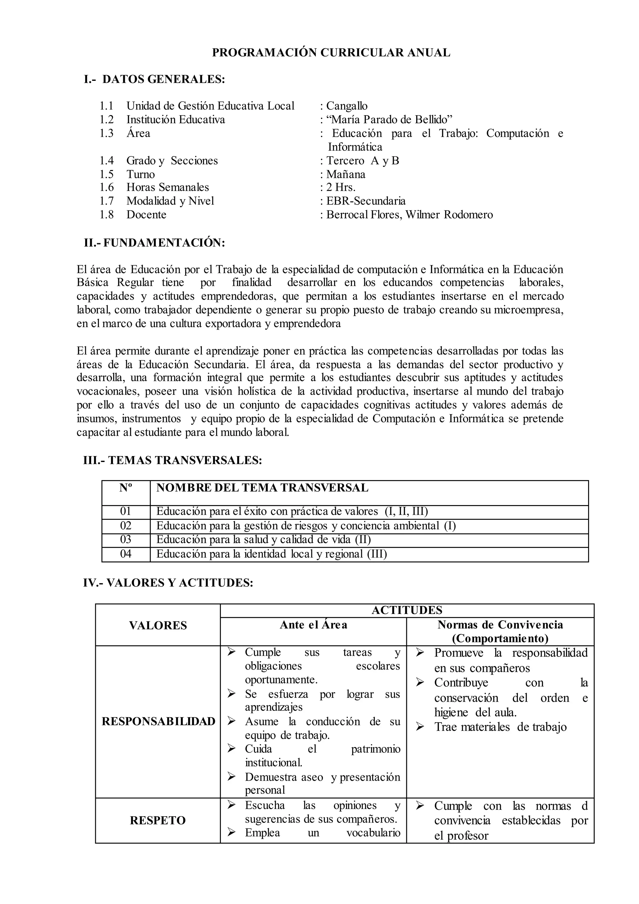 PROGRAMACIÓN CURRICULAR ANUAL
I.- DATOS GENERALES:
1.1 Unidad de Gestión Educativa Local : Cangallo
1.2 Institución Educativa : “María Parado de Bellido”
1.3 Área : Educación para el Trabajo: Computación e
Informática
1.4 Grado y Secciones : Tercero A y B
1.5 Turno : Mañana
1.6 Horas Semanales : 2 Hrs.
1.7 Modalidad y Nivel : EBR-Secundaria
1.8 Docente : Berrocal Flores, Wilmer Rodomero
II.- FUNDAMENTACIÓN:
El área de Educación por el Trabajo de la especialidad de computación e Informática en la Educación
Básica Regular tiene por finalidad desarrollar en los educandos competencias laborales,
capacidades y actitudes emprendedoras, que permitan a los estudiantes insertarse en el mercado
laboral, como trabajador dependiente o generar su propio puesto de trabajo creando su microempresa,
en el marco de una cultura exportadora y emprendedora
El área permite durante el aprendizaje poner en práctica las competencias desarrolladas por todas las
áreas de la Educación Secundaria. El área, da respuesta a las demandas del sector productivo y
desarrolla, una formación integral que permite a los estudiantes descubrir sus aptitudes y actitudes
vocacionales, poseer una visión holística de la actividad productiva, insertarse al mundo del trabajo
por ello a través del uso de un conjunto de capacidades cognitivas actitudes y valores además de
insumos, instrumentos y equipo propio de la especialidad de Computación e Informática se pretende
capacitar al estudiante para el mundo laboral.
III.- TEMAS TRANSVERSALES:
Nº NOMBRE DEL TEMA TRANSVERSAL
01 Educación para el éxito con práctica de valores (I, II, III)
02 Educación para la gestión de riesgos y conciencia ambiental (I)
03 Educación para la salud y calidad de vida (II)
04 Educación para la identidad local y regional (III)
IV.- VALORES Y ACTITUDES:
VALORES
ACTITUDES
Ante el Área Normas de Convivencia
(Comportamiento)
RESPONSABILIDAD
 Cumple sus tareas y
obligaciones escolares
oportunamente.
 Se esfuerza por lograr sus
aprendizajes
 Asume la conducción de su
equipo de trabajo.
 Cuida el patrimonio
institucional.
 Demuestra aseo y presentación
personal
 Promueve la responsabilidad
en sus compañeros
 Contribuye con la
conservación del orden e
higiene del aula.
 Trae materiales de trabajo
RESPETO
 Escucha las opiniones y
sugerencias de sus compañeros.
 Emplea un vocabulario
 Cumple con las normas d
convivencia establecidas por
el profesor
 