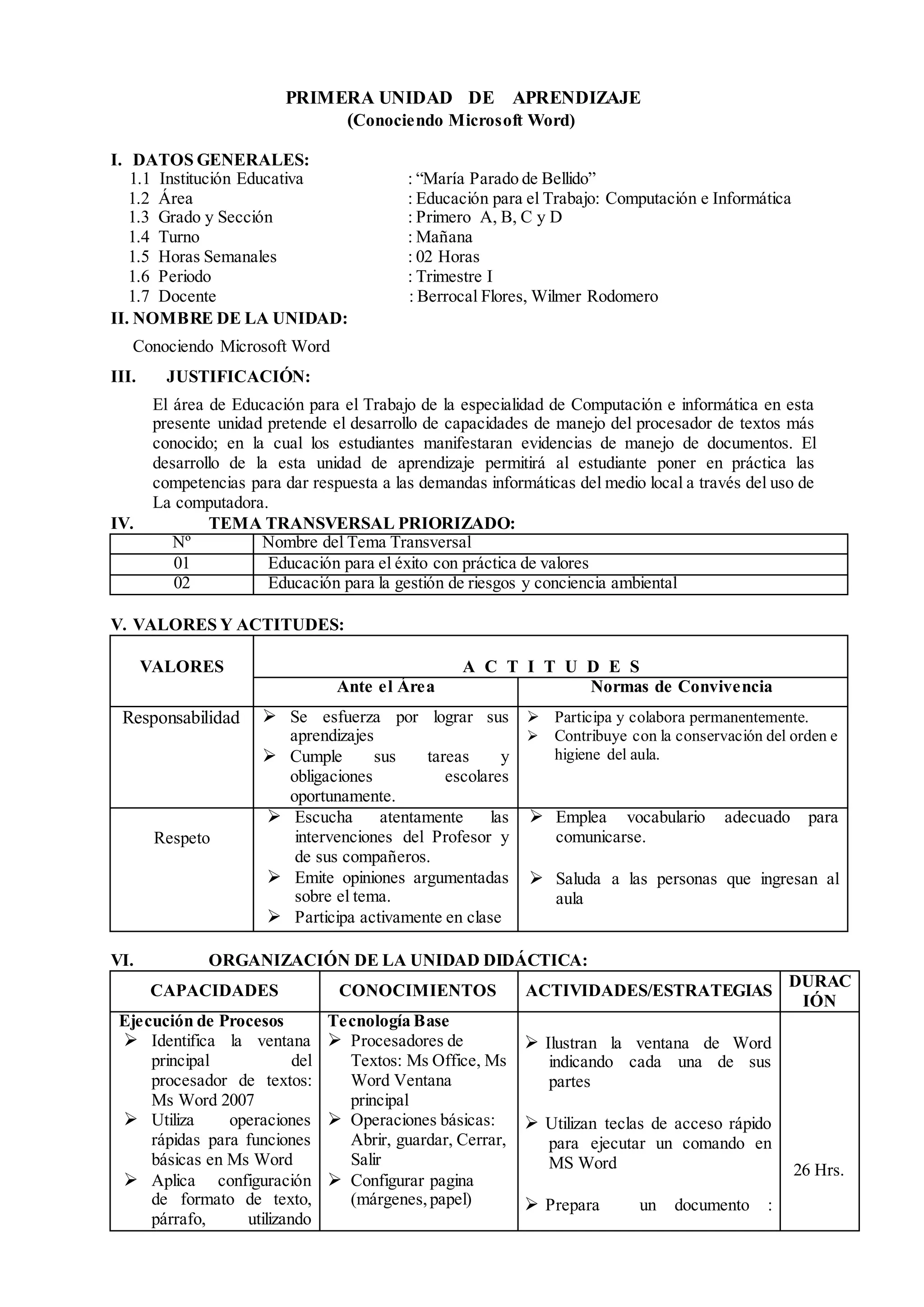 PRIMERA UNIDAD DE APRENDIZAJE
(Conociendo Microsoft Word)
I. DATOS GENERALES:
1.1 Institución Educativa : “María Parado de Bellido”
1.2 Área : Educación para el Trabajo: Computación e Informática
1.3 Grado y Sección : Primero A, B, C y D
1.4 Turno : Mañana
1.5 Horas Semanales : 02 Horas
1.6 Periodo : Trimestre I
1.7 Docente : Berrocal Flores, Wilmer Rodomero
II. NOMBRE DE LA UNIDAD:
Conociendo Microsoft Word
III. JUSTIFICACIÓN:
El área de Educación para el Trabajo de la especialidad de Computación e informática en esta
presente unidad pretende el desarrollo de capacidades de manejo del procesador de textos más
conocido; en la cual los estudiantes manifestaran evidencias de manejo de documentos. El
desarrollo de la esta unidad de aprendizaje permitirá al estudiante poner en práctica las
competencias para dar respuesta a las demandas informáticas del medio local a través del uso de
La computadora.
IV. TEMA TRANSVERSAL PRIORIZADO:
Nº Nombre del Tema Transversal
01 Educación para el éxito con práctica de valores
02 Educación para la gestión de riesgos y conciencia ambiental
V. VALORES Y ACTITUDES:
VALORES A C T I T U D E S
Ante el Área Normas de Convivencia
Responsabilidad  Se esfuerza por lograr sus
aprendizajes
 Cumple sus tareas y
obligaciones escolares
oportunamente.
 Participa y colabora permanentemente.
 Contribuye con la conservación del orden e
higiene del aula.
Respeto
 Escucha atentamente las
intervenciones del Profesor y
de sus compañeros.
 Emite opiniones argumentadas
sobre el tema.
 Participa activamente en clase
 Emplea vocabulario adecuado para
comunicarse.
 Saluda a las personas que ingresan al
aula
VI. ORGANIZACIÓN DE LA UNIDAD DIDÁCTICA:
CAPACIDADES CONOCIMIENTOS ACTIVIDADES/ESTRATEGIAS
DURAC
IÓN
Ejecución de Procesos
 Identifica la ventana
principal del
procesador de textos:
Ms Word 2007
 Utiliza operaciones
rápidas para funciones
básicas en Ms Word
 Aplica configuración
de formato de texto,
párrafo, utilizando
Tecnología Base
 Procesadores de
Textos: Ms Office, Ms
Word Ventana
principal
 Operaciones básicas:
Abrir, guardar, Cerrar,
Salir
 Configurar pagina
(márgenes,papel)
 Ilustran la ventana de Word
indicando cada una de sus
partes
 Utilizan teclas de acceso rápido
para ejecutar un comando en
MS Word
 Prepara un documento :
26 Hrs.
 