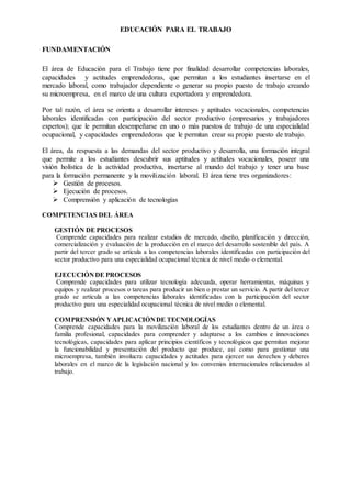 EDUCACIÓN PARA EL TRABAJO
FUNDAMENTACIÓN
El área de Educación para el Trabajo tiene por finalidad desarrollar competencias laborales,
capacidades y actitudes emprendedoras, que permitan a los estudiantes insertarse en el
mercado laboral, como trabajador dependiente o generar su propio puesto de trabajo creando
su microempresa, en el marco de una cultura exportadora y emprendedora.
Por tal razón, el área se orienta a desarrollar intereses y aptitudes vocacionales, competencias
laborales identificadas con participación del sector productivo (empresarios y trabajadores
expertos); que le permitan desempeñarse en uno o más puestos de trabajo de una especialidad
ocupacional, y capacidades emprendedoras que le permitan crear su propio puesto de trabajo.
El área, da respuesta a las demandas del sector productivo y desarrolla, una formación integral
que permite a los estudiantes descubrir sus aptitudes y actitudes vocacionales, poseer una
visión holística de la actividad productiva, insertarse al mundo del trabajo y tener una base
para la formación permanente y la movilización laboral. El área tiene tres organizadores:
 Gestión de procesos.
 Ejecución de procesos.
 Comprensión y aplicación de tecnologías
COMPETENCIAS DEL ÁREA
GESTIÓN DE PROCESOS
Comprende capacidades para realizar estudios de mercado, diseño, planificación y dirección,
comercialización y evaluación de la producción en el marco del desarrollo sostenible del país. A
partir del tercer grado se articula a las competencias laborales identificadas con participación del
sector productivo para una especialidad ocupacional técnica de nivel medio o elemental.
EJECUCIÓN DE PROCESOS
Comprende capacidades para utilizar tecnología adecuada, operar herramientas, máquinas y
equipos y realizar procesos o tareas para producir un bien o prestar un servicio. A partir del tercer
grado se articula a las competencias laborales identificadas con la participación del sector
productivo para una especialidad ocupacional técnica de nivel medio o elemental.
COMPRENSIÓN YAPLICACIÓNDE TECNOLOGÍAS
Comprende capacidades para la movilización laboral de los estudiantes dentro de un área o
familia profesional, capacidades para comprender y adaptarse a los cambios e innovaciones
tecnológicas, capacidades para aplicar principios científicos y tecnológicos que permitan mejorar
la funcionabilidad y presentación del producto que produce, así como para gestionar una
microempresa, también involucra capacidades y actitudes para ejercer sus derechos y deberes
laborales en el marco de la legislación nacional y los convenios internacionales relacionados al
trabajo.
 