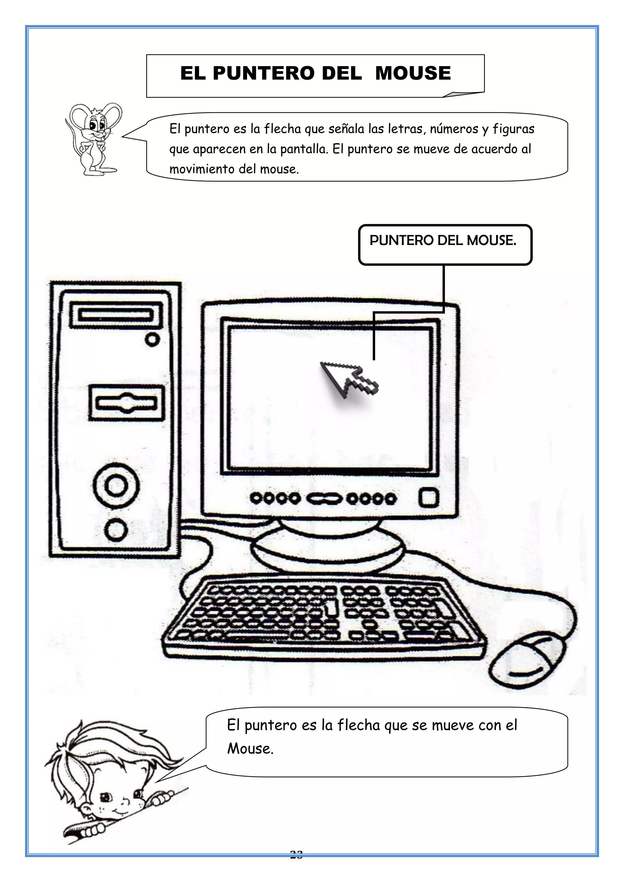 23
EL PUNTERO DEL MOUSE
El puntero es la flecha que señala las letras, números y figuras
que aparecen en la pantalla. El puntero se mueve de acuerdo al
movimiento del mouse.
PUNTERO DEL MOUSE.
El puntero es la flecha que se mueve con el
Mouse.
 