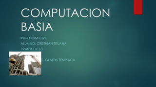 COMPUTACION
BASIA
INGIENERIA CIVIL
ALUMNO: CRISTHIAN TITUANA
PRIMER CICLO
PARALELO B
DOCENTE : LIC. GLADYS TENESACA
 