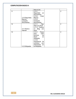 COMPUTACION BASICA II
ING. ALEXANDRA SHIGUE
12
Nota al pie.
11
3.10 Seguridad,
Macros,
compartir
documentos.
3.10.1
Seguridad en
documentos.
3.10.2 Crear
Macros
3.10.3
Compartir
documentos.
2
12
3.11 Word e
internet
3.11.1 Pag.
Web con Word
3.11.2 Publicar
un Blog con
word
2
12
3.12 Wikipedia
3.12.1 Pasos
para subir
archivos de
Word en
Wikipedia
3.12.2
Importancia de
contribuir con
información en
la Wikipedia.
2
 