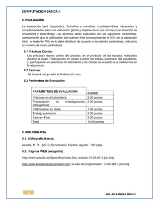 COMPUTACION BASICA II
ING. ALEXANDRA SHIGUE
15
8. EVALUACIÓN
La evaluación será diagnóstica, formativa y sumativa, considerándolas necesarias y
complementarias para una valoración global y objetiva de lo que ocurre en la situación de
enseñanza y aprendizaje. Los alumnos serán evaluados con los siguientes parámetros,
considerando que la calificación del exámen final corresponderán al 30% de la valoración
total, el restante 70% se lo debe distribuir de acuerdo a los demás parámetros, utilizando
un mínimo de cinco parámetros.
8.1 Prácticas Diarias:
Las prácticas diarios dentro del proceso, es el producto de los trabajos realizados
durante la clase. Participación en clases a partir del trabajo autónomo del estudiante;
y, participación en prácticas de laboratorio y de campo de acuerdo a la pertinencia en
la asignatura.
8.2 Exámen:
Se tomará una prueba al finalizar el curso.
8.3 Parámetros de Evaluación:
PARÁMETROS DE EVALUACIÓN
CURSO
Prácticas en el Laboratorio 2.00 puntos
Presentación de investigaciones
bibliográficas
2.00 puntos
Participación en clase 1.00 puntos
Trabajo autónomo 2.00 puntos
Exámen Final 3.00 puntos
Total 10.00 puntos
9. BIBLIOGRAFÍA
9.1. Bibliografía Básica:
Alcalde, H. R.; (2010);Conectados; España: Aguilar.; 180 págs.
9.2. Páginas WEB (webgrafía)
http://www.aulaclic.es/0penoffice/index.htm; aulaclic;13-05-2011;[on line].
http://www.lawebdelprogramador.com; la web del programador; 13-05-2011;[on line]
 