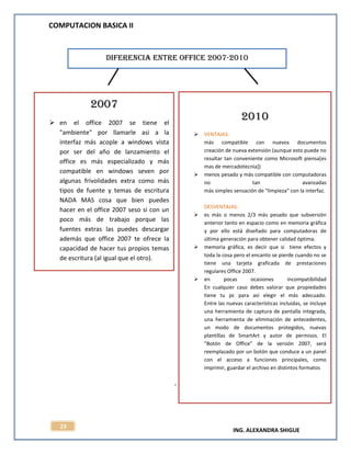 COMPUTACION BASICA II
ING. ALEXANDRA SHIGUE
23
,
DIFERENCIA ENTRE OFFICE 2007-2010
2007
 en el office 2007 se tiene el
"ambiente" por llamarle así a la
interfaz más acople a windows vista
por ser del año de lanzamiento el
office es más especializado y más
compatible en windows seven por
algunas frivolidades extra como más
tipos de fuente y temas de escritura
NADA MAS cosa que bien puedes
hacer en el office 2007 seso si con un
poco más de trabajo porque las
fuentes extras las puedes descargar
además que office 2007 te ofrece la
capacidad de hacer tus propios temas
de escritura (al igual que el otro).
2010
 VENTAJAS:
más compatible con nuevos documentos
creación de nueva extensión (aunque esto puede no
resultar tan conveniente como Microsoft piensa[es
mas de mercadotecnia])
 menos pesado y más compatible con computadoras
no tan avanzadas
más simples sensación de "limpieza" con la interfaz.
DESVENTAJAS:
 es más o menos 2/3 más pesado que subversión
anterior tanto en espacio como en memoria gráfica
y por ello está diseñado para computadoras de
última generación para obtener calidad óptima.
 memoria gráfica, es decir que si tiene efectos y
toda la cosa pero el encanto se pierde cuando no se
tiene una tarjeta graficada de prestaciones
regulares Office 2007.
 en pocas ocasiones incompatibilidad
En cualquier caso debes valorar que propiedades
tiene tu pc para así elegir el más adecuado.
Entre las nuevas características incluidas, se incluye
una herramienta de captura de pantalla integrada,
una herramienta de eliminación de antecedentes,
un modo de documentos protegidos, nuevas
plantillas de SmartArt y autor de permisos. El
"Botón de Office" de la versión 2007, será
reemplazado por un botón que conduce a un panel
con el acceso a funciones principales, como
imprimir, guardar el archivo en distintos formatos
 