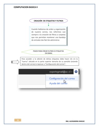 COMPUTACION BASICA II
ING. ALEXANDRA SHIGUE
33
CREACIÓN DE ETIQUETAS Y FILTROS
Cuando hablamos de orden y organización
de nuestro correo, nos referimos casi
siempre a la creación de filtros o carpetas
que nos permitan mantener una bandeja
de entrada más fácil de administrar.
PASOS PARA CREAR FILTROS O ETIQUETAS
EN GMAIL
Para acceder a la edición de dichas etiquetas debe hacer clic en la
"tuerca" ubicada en la parte superior derecha de su pantalla (estando
dentro del correo) e ingresar a "Configuración del correo":
 