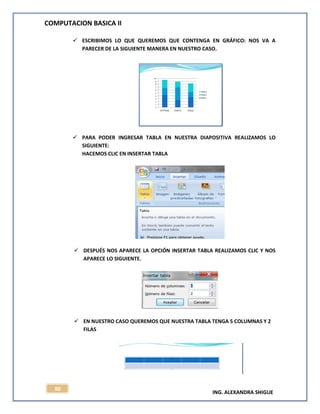 COMPUTACION BASICA II
ING. ALEXANDRA SHIGUE
80
 ESCRIBIMOS LO QUE QUEREMOS QUE CONTENGA EN GRÁFICO: NOS VA A
PARECER DE LA SIGUIENTE MANERA EN NUESTRO CASO.
 PARA PODER INGRESAR TABLA EN NUESTRA DIAPOSITIVA REALIZAMOS LO
SIGUIENTE:
HACEMOS CLIC EN INSERTAR TABLA
 DESPUÉS NOS APARECE LA OPCIÓN INSERTAR TABLA REALIZAMOS CLIC Y NOS
APARECE LO SIGUIENTE.
 EN NUESTRO CASO QUEREMOS QUE NUESTRA TABLA TENGA 5 COLUMNAS Y 2
FILAS
 