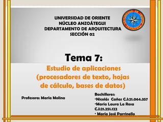 Tema 7: Estudio de aplicaciones (procesadores de texto, hojas de cálculo, bases de datos) Profesora: María Molina  ,[object Object],[object Object],[object Object],[object Object],UNIVERSIDAD DE ORIENTE NÚCLEO ANZOÁTEGUI DEPARTAMENTO DE ARQUITECTURA SECCIÓN 02 