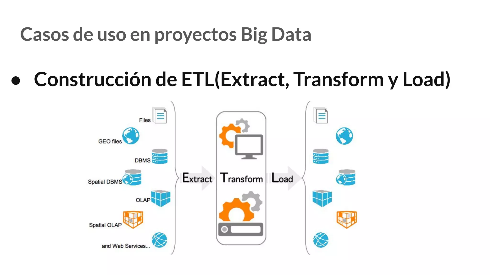 Casos de uso en proyectos Big Data
● Construcción de ETL(Extract, Transform y Load)
 