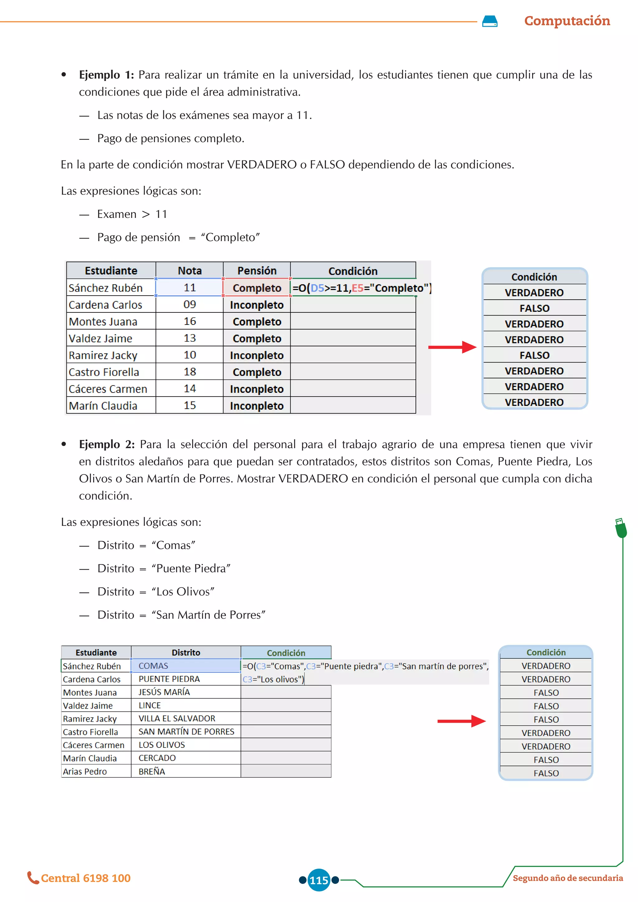 Computación
Segundo año de secundaria
Central 6198 100 115
•	 Ejemplo 1: Para realizar un trámite en la universidad, los estudiantes tienen que cumplir una de las
condiciones que pide el área administrativa.
—
— Las notas de los exámenes sea mayor a 11.
—
— Pago de pensiones completo.
En la parte de condición mostrar VERDADERO o FALSO dependiendo de las condiciones.
Las expresiones lógicas son:
—
— Examen > 11
—
— Pago de pensión  = “Completo”
•	 	Ejemplo 2: Para la selección del personal para el trabajo agrario de una empresa tienen que vivir
en distritos aledaños para que puedan ser contratados, estos distritos son Comas, Puente Piedra, Los
Olivos o San Martín de Porres. Mostrar VERDADERO en condición el personal que cumpla con dicha
condición.
Las expresiones lógicas son:
—
— Distrito = “Comas”
—
— Distrito = “Puente Piedra”
—
— Distrito = “Los Olivos”
—
— 	
Distrito = “San Martín de Porres”
 
