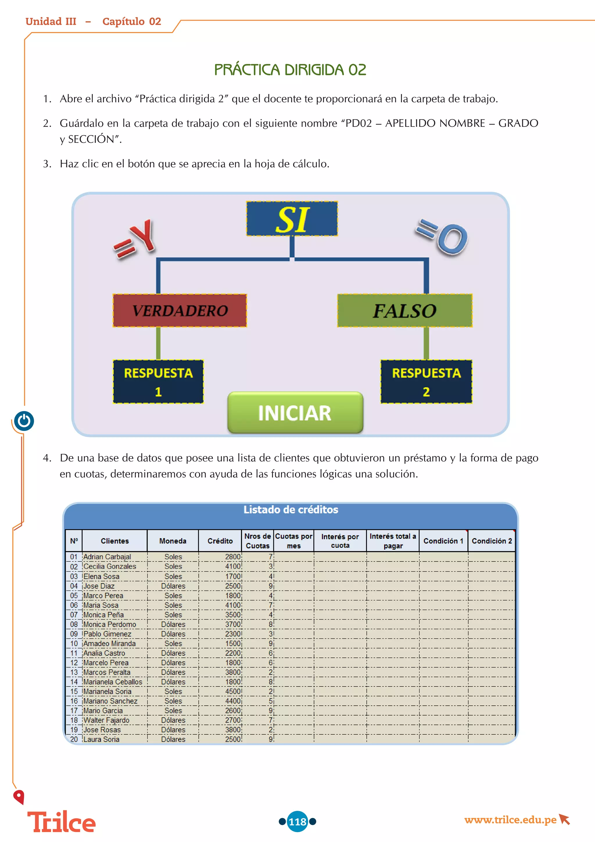 Unidad – Capítulo
www.trilce.edu.pe
118
PRÁCTICA DIRIGIDA 02
1.	 Abre el archivo “Práctica dirigida 2” que el docente te proporcionará en la carpeta de trabajo.
2.	 Guárdalo en la carpeta de trabajo con el siguiente nombre “PD02 – APELLIDO NOMBRE – GRADO
y SECCIÓN”.
3.	 Haz clic en el botón que se aprecia en la hoja de cálculo.
4.	 De una base de datos que posee una lista de clientes que obtuvieron un préstamo y la forma de pago
en cuotas, determinaremos con ayuda de las funciones lógicas una solución.
02
III
 