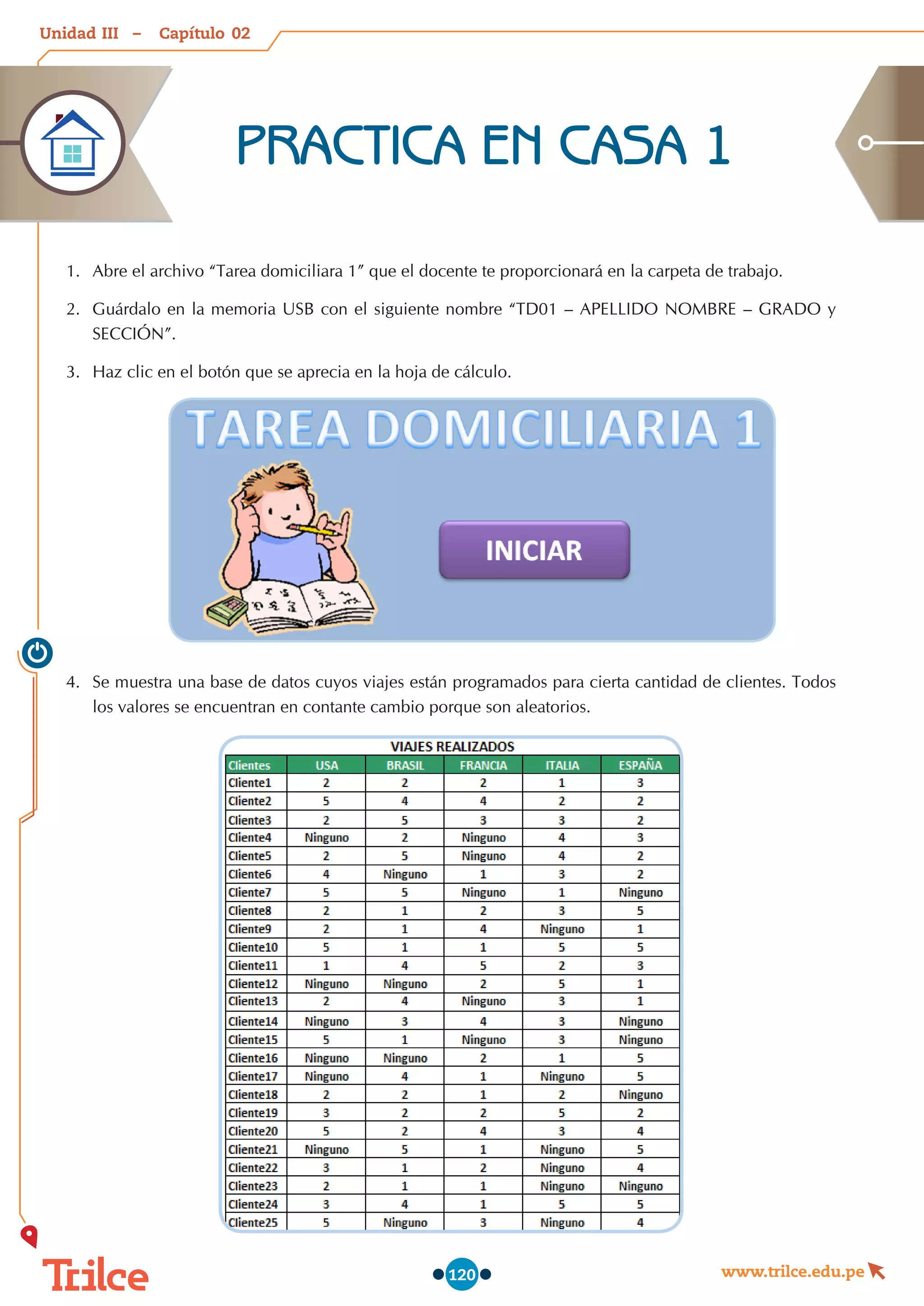 Unidad – Capítulo
www.trilce.edu.pe
120
1.	 Abre el archivo “Tarea domiciliara 1” que el docente te proporcionará en la carpeta de trabajo.
2.	 Guárdalo en la memoria USB con el siguiente nombre “TD01 – APELLIDO NOMBRE – GRADO y
SECCIÓN”.
3.	 Haz clic en el botón que se aprecia en la hoja de cálculo.
4.	 Se muestra una base de datos cuyos viajes están programados para cierta cantidad de clientes. Todos
los valores se encuentran en contante cambio porque son aleatorios.
PRACTICA EN CASA 1
02
III
 